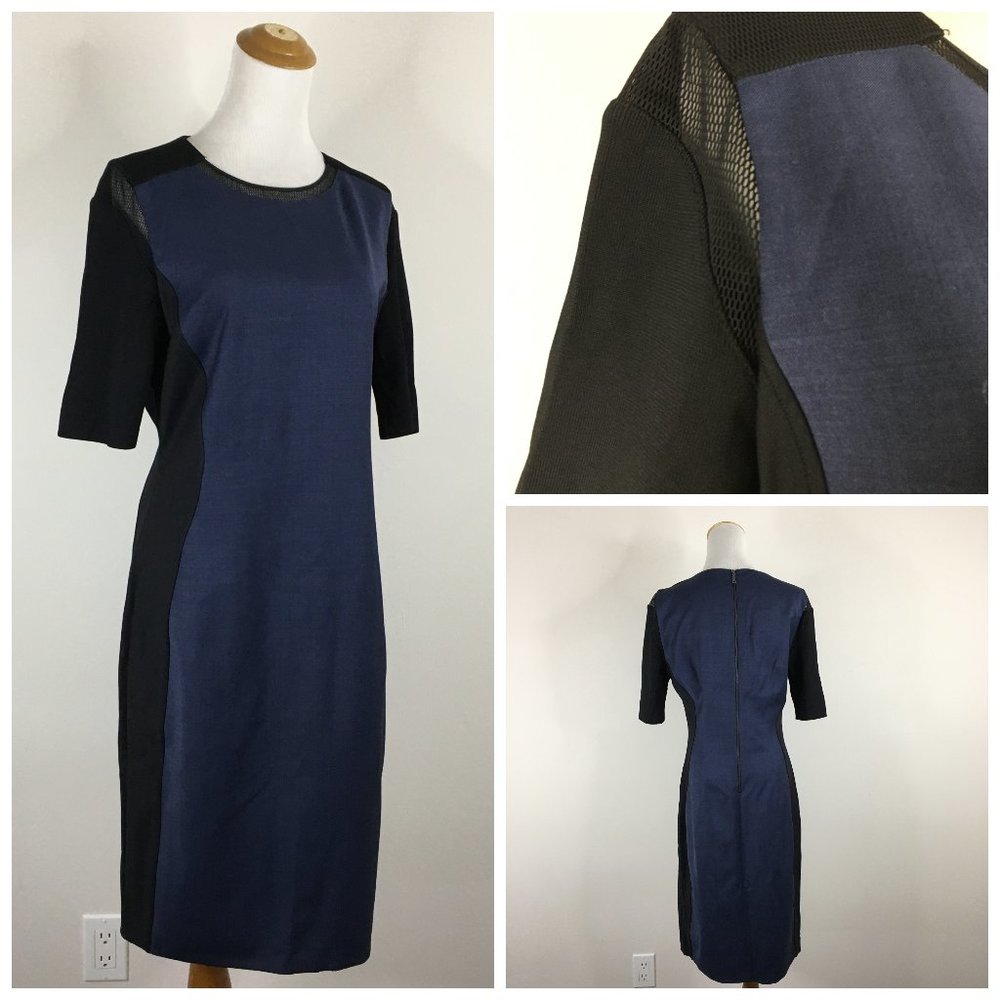 ELIE TAHARI Short Sleeve Blue Black Sheer Mesh Insert & Panels Wool Blend Dress